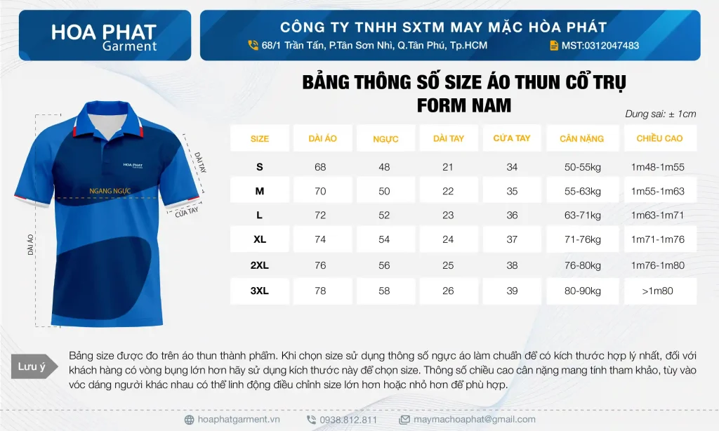 Bảng size áo thun đồng phục cổ trụ nam