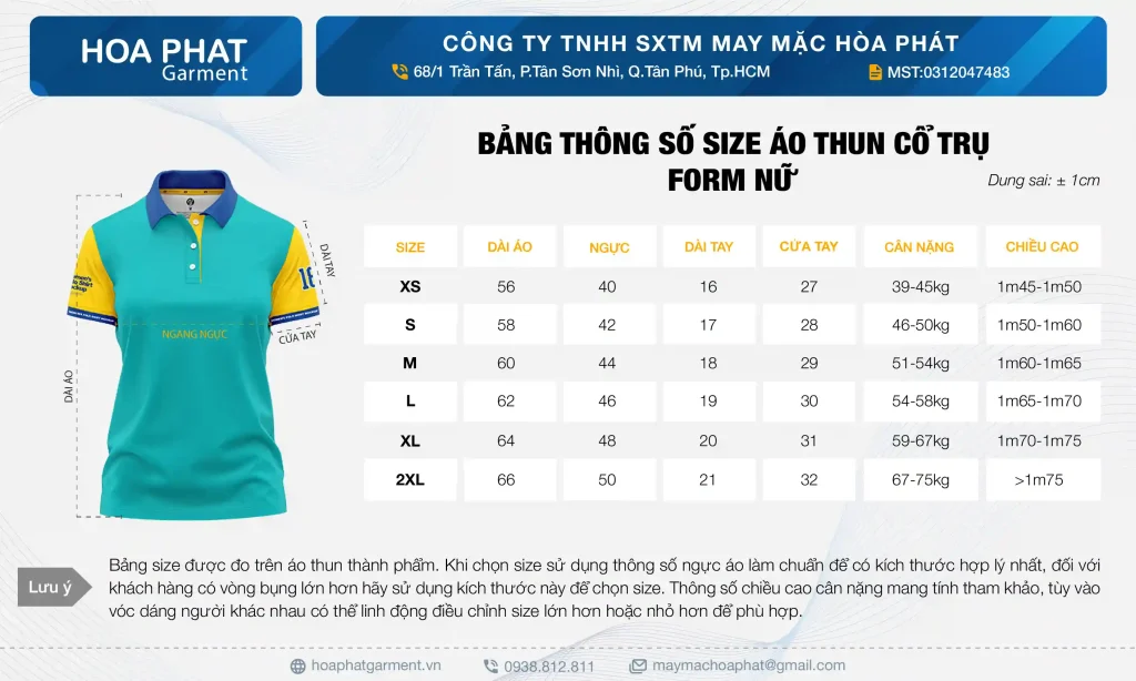 Bảng size áo thun cổ trụ nữ