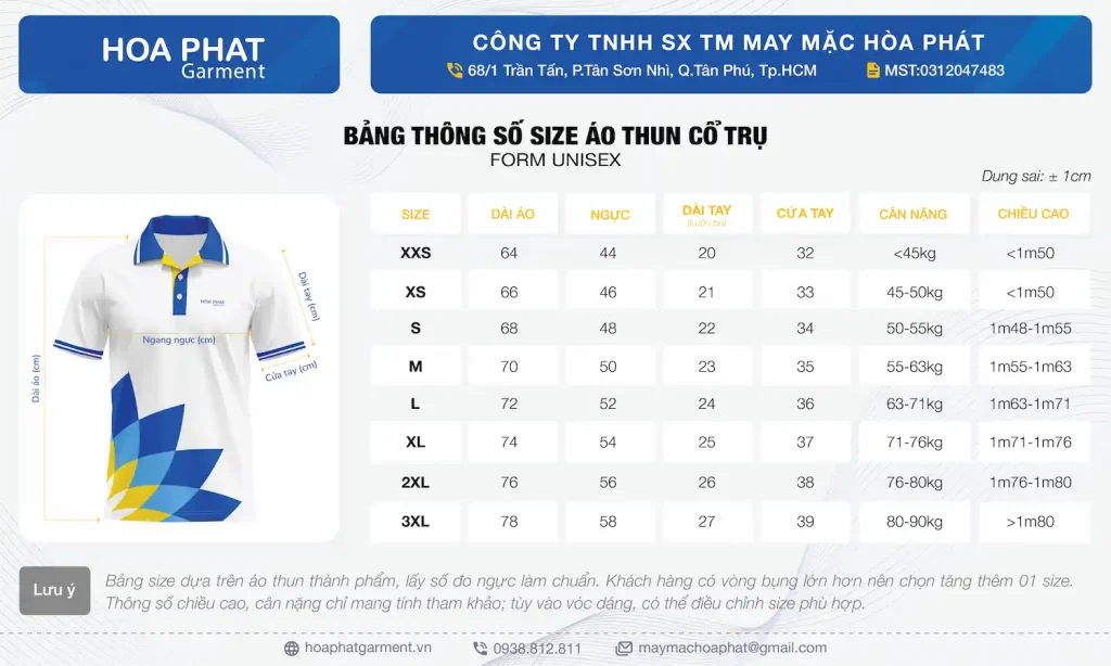 Bang size may ao thun dong phuc co tru Hoa Phat Garment