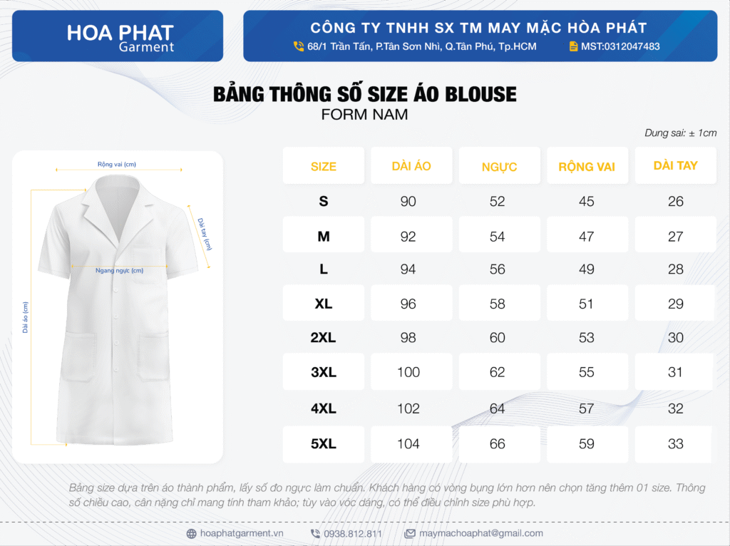 Bảng size áo blouse form nam