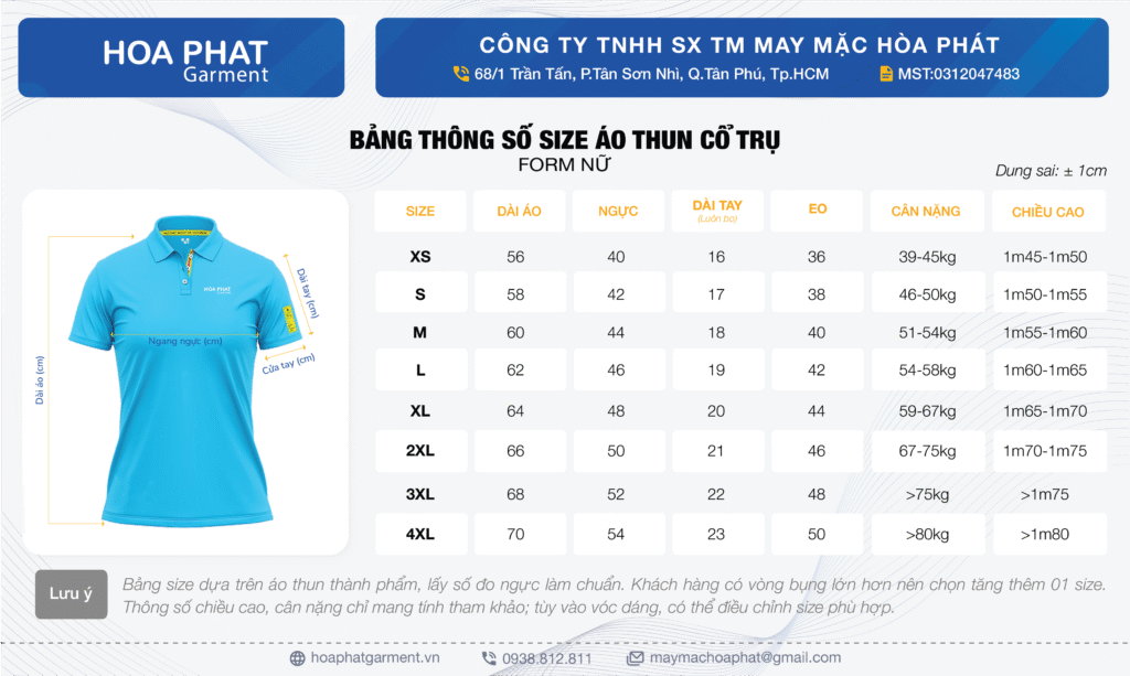 Bảng size áo thun cổ trụ form nữ