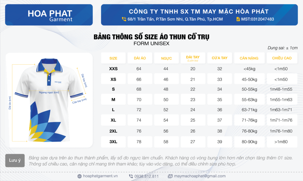 bảng size áo thun cổ trụ form unisex