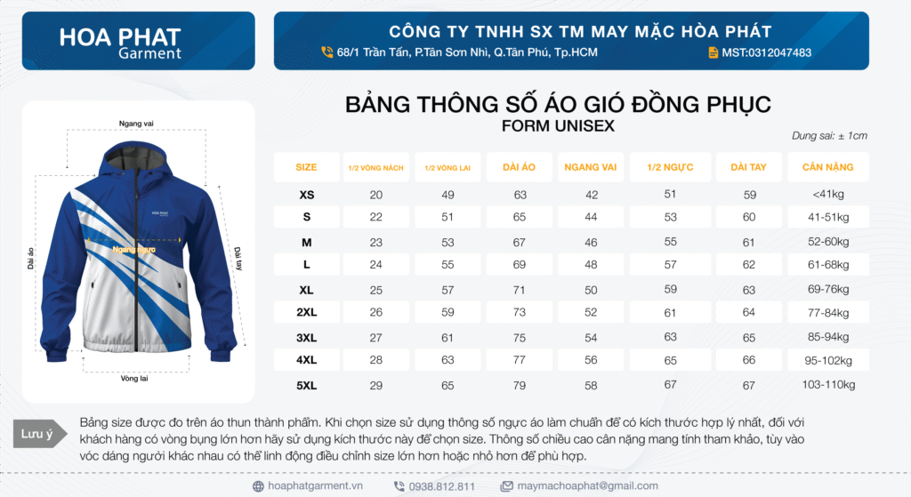 bảng size áo gió đồng phục form unisex