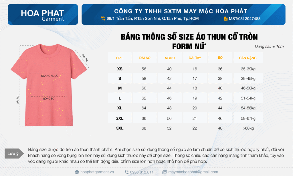 bảng size áo thun cổ tròn form nữB