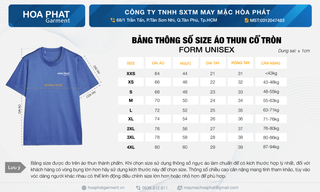 bảng size áo thun cổ tròn form unisex