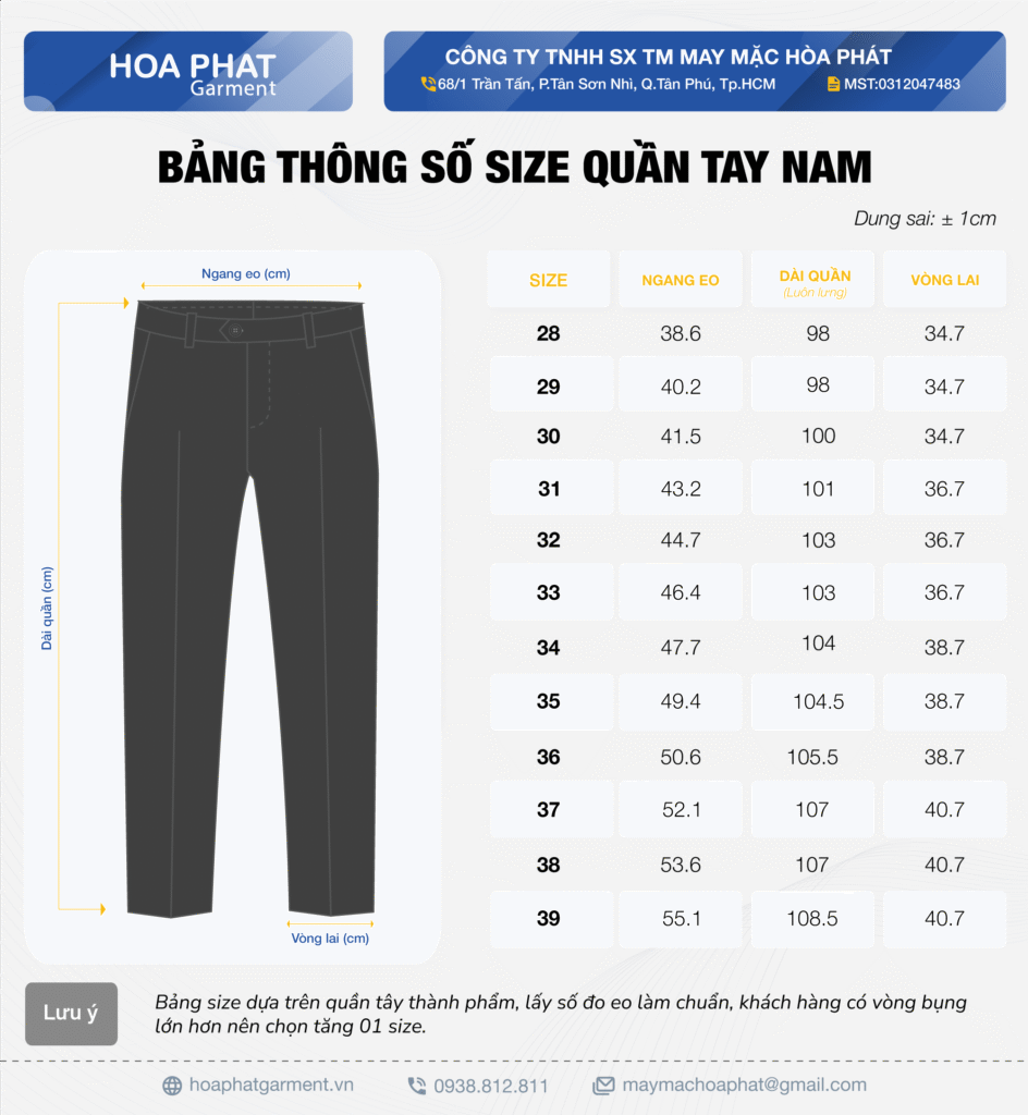 Bảng size quần tây nam 