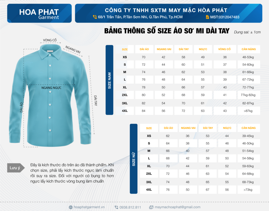 Bảng size áo sơ mi dài tay có bigsize