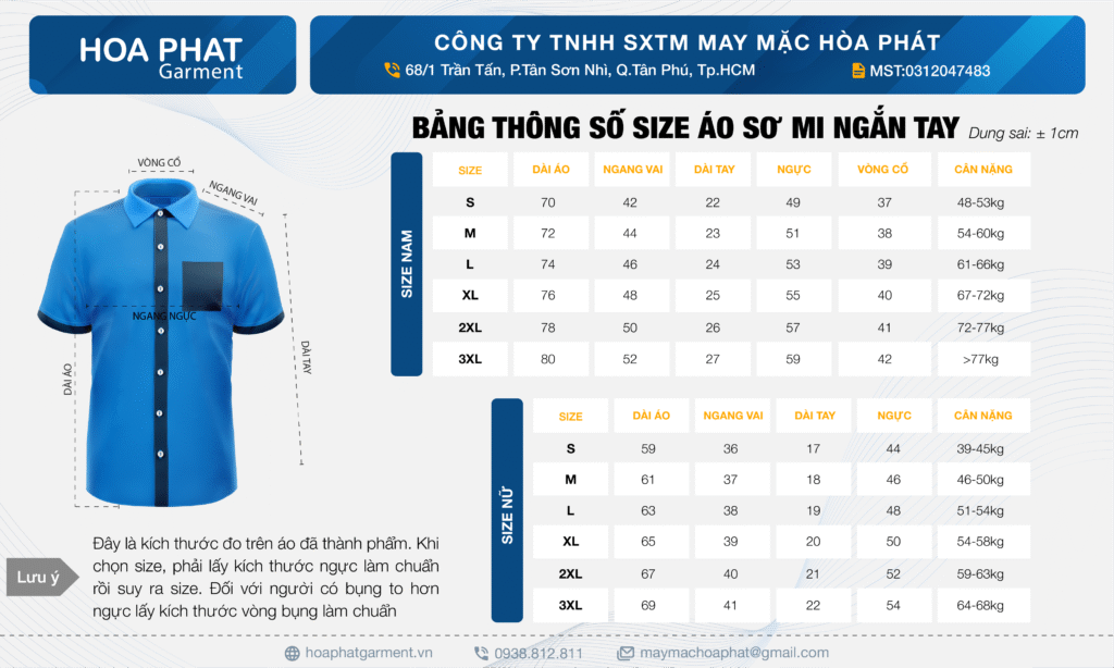 bảng size áo sơ mi ngắn tay
