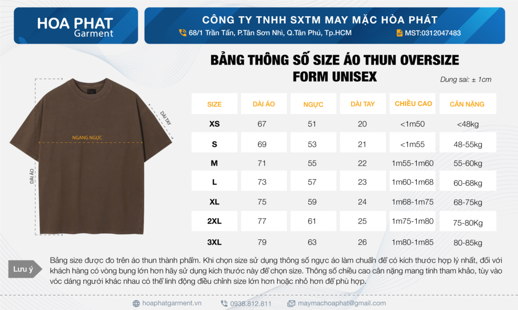 bảng size áo thun oversize form unisex