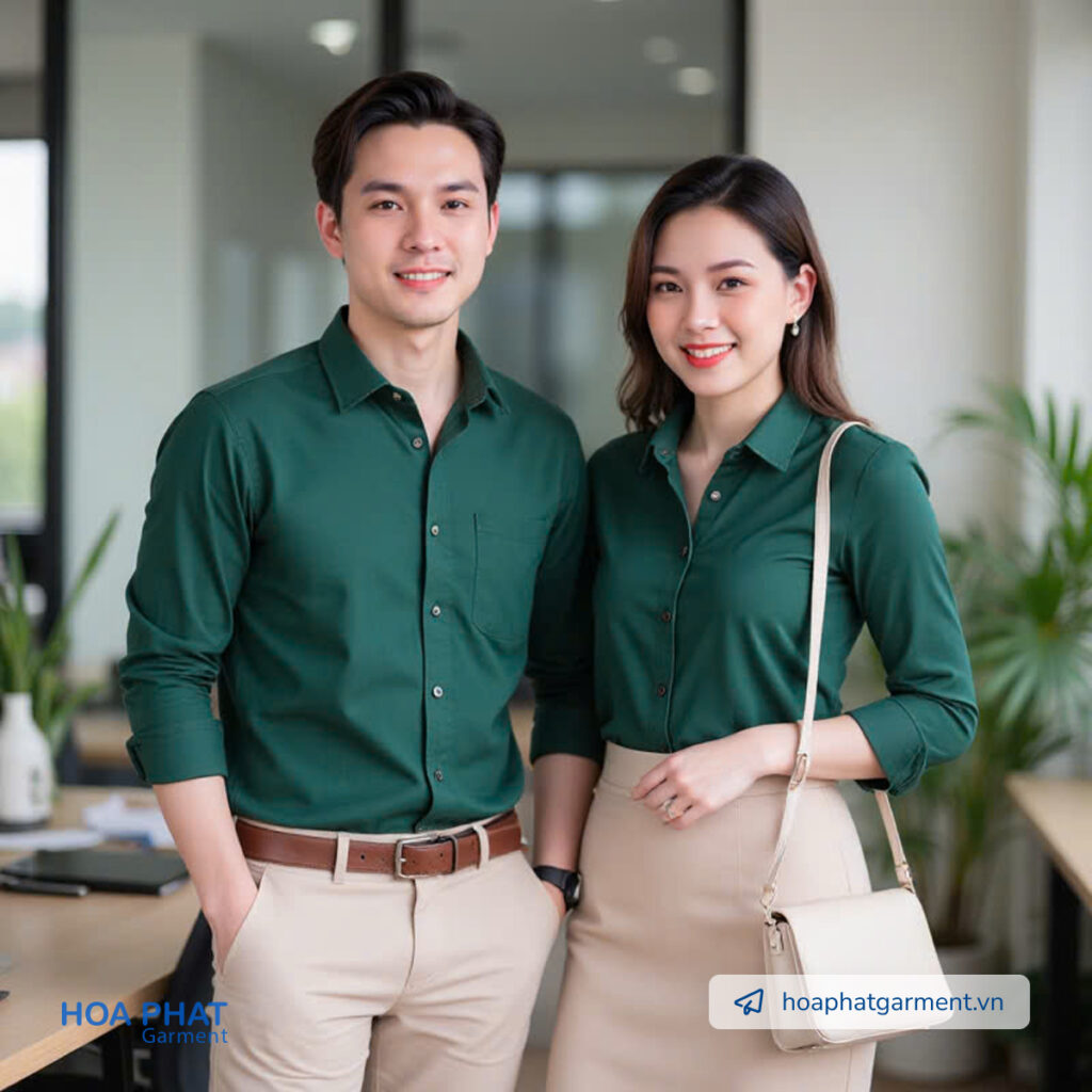 mẫu sơ mi văn phòng nam nữ xanh lá đậm