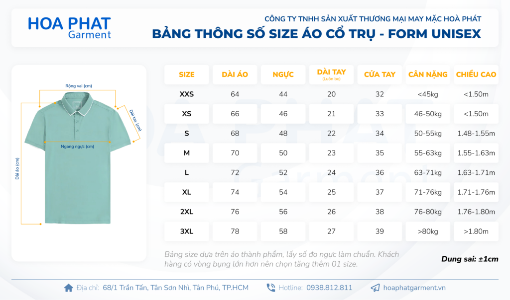 Xưởng may áo thun cổ trụ đồng phục cao cấp, giá tốt tại TP. HCM 12 bảng size áo thun cổ trụ form unisex