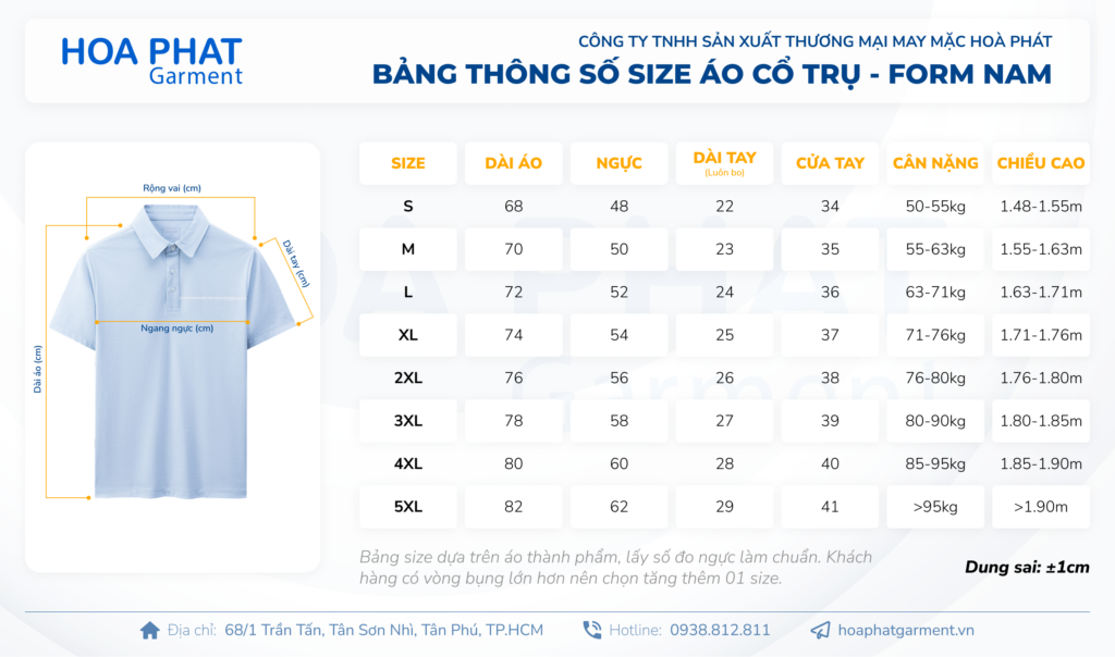 Xưởng may áo thun cổ trụ đồng phục cao cấp, giá tốt tại TP. HCM 10 bảng size áo thun cổ trụ form nam