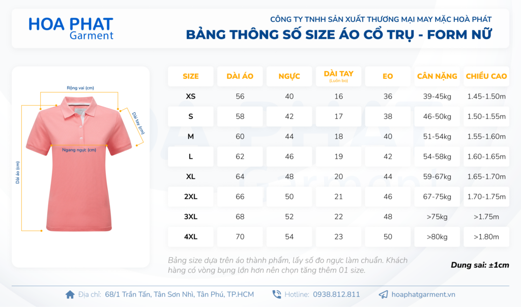 Xưởng may áo thun cổ trụ đồng phục cao cấp, giá tốt tại TP. HCM 11 bảng size áo thun cổ trụ form nữ