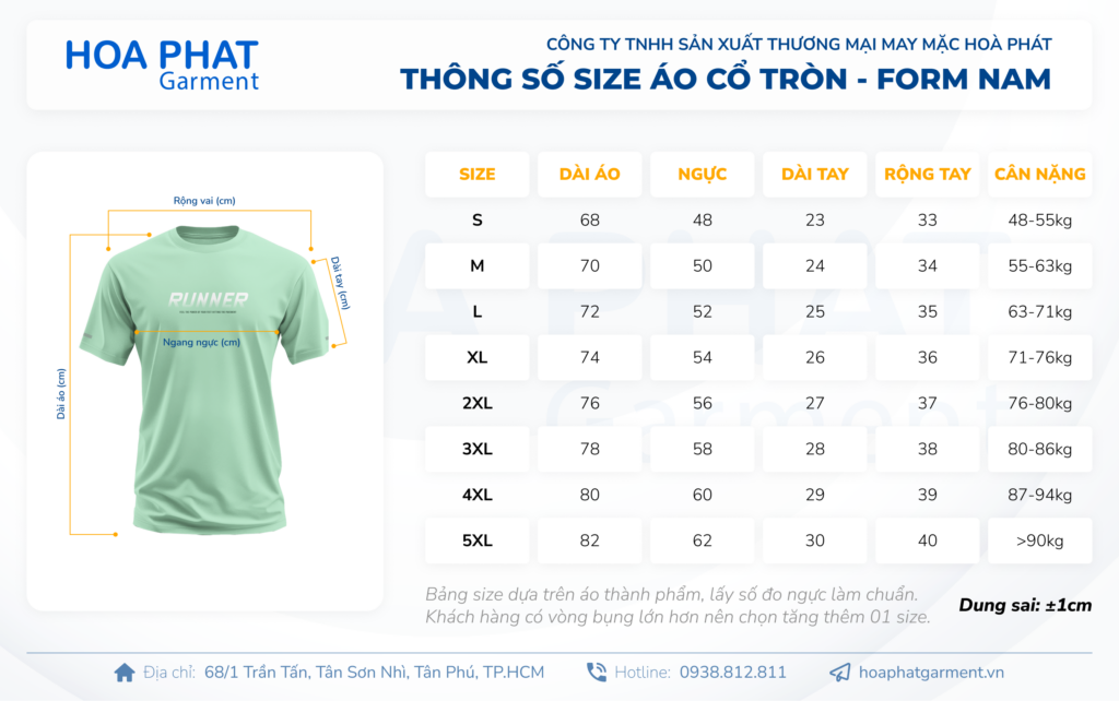 Xưởng may áo thun cổ trụ đồng phục cao cấp, giá tốt tại TP. HCM 13 bảng size áo thun cổ tròn form nam