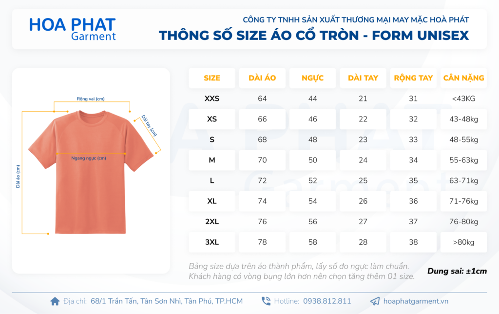 Xưởng may áo thun cổ trụ đồng phục cao cấp, giá tốt tại TP. HCM 15 bảng size áo thun cổ tròn form unisex