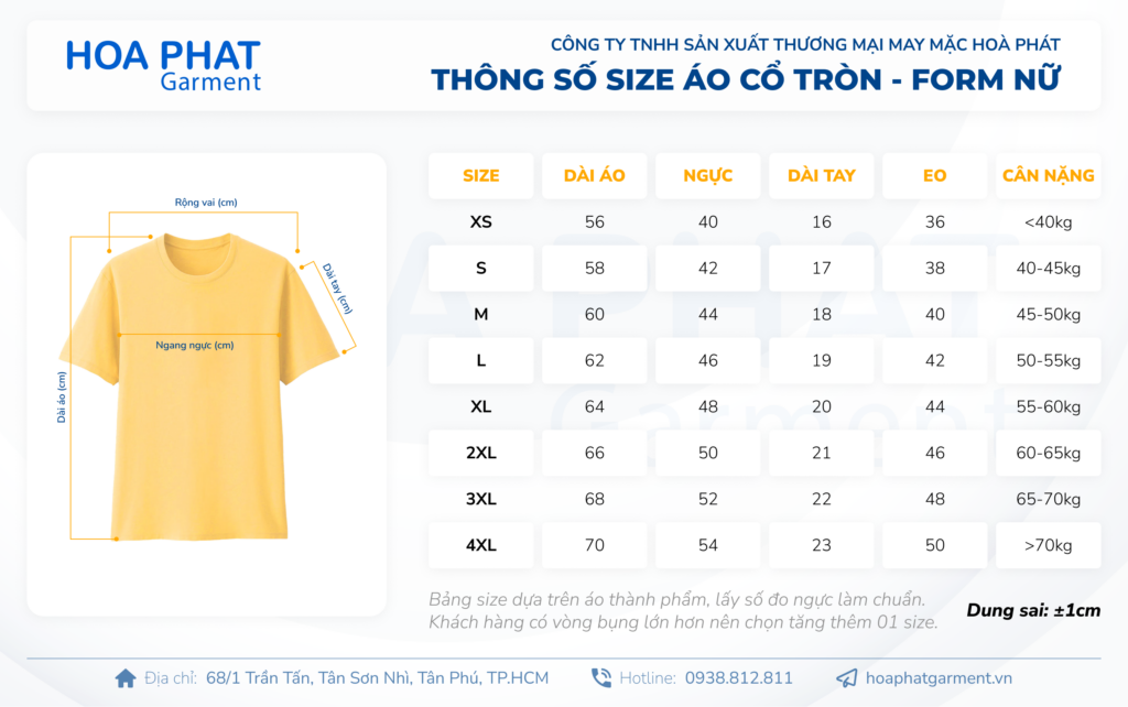 Xưởng may áo thun cổ trụ đồng phục cao cấp, giá tốt tại TP. HCM 14 bảng size áo thun cổ tròn form nữ