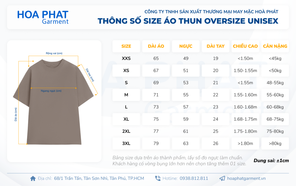 Xưởng may áo thun cổ trụ đồng phục cao cấp, giá tốt tại TP. HCM 16 bảng size áo thun oversize unisex